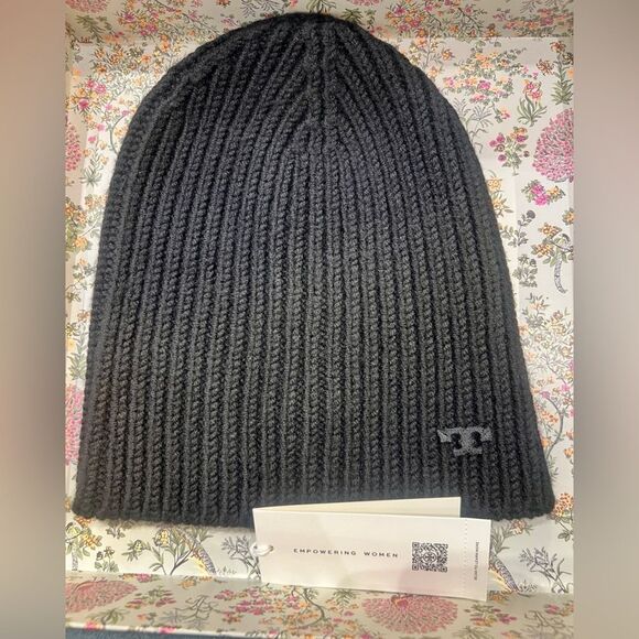 Tory Burch Ribbed Merino Wool Black Knit Scarf, Hat and Mittens Set main image 11